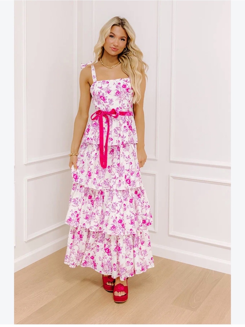 TCEC pink floral tiered ruffle midi dress with removable velvet belt - M